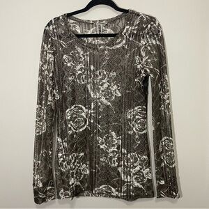 BKE Buckle Sheer Top Womens Large Fitted Black Silver Floral Long Sleeve Sparkle
